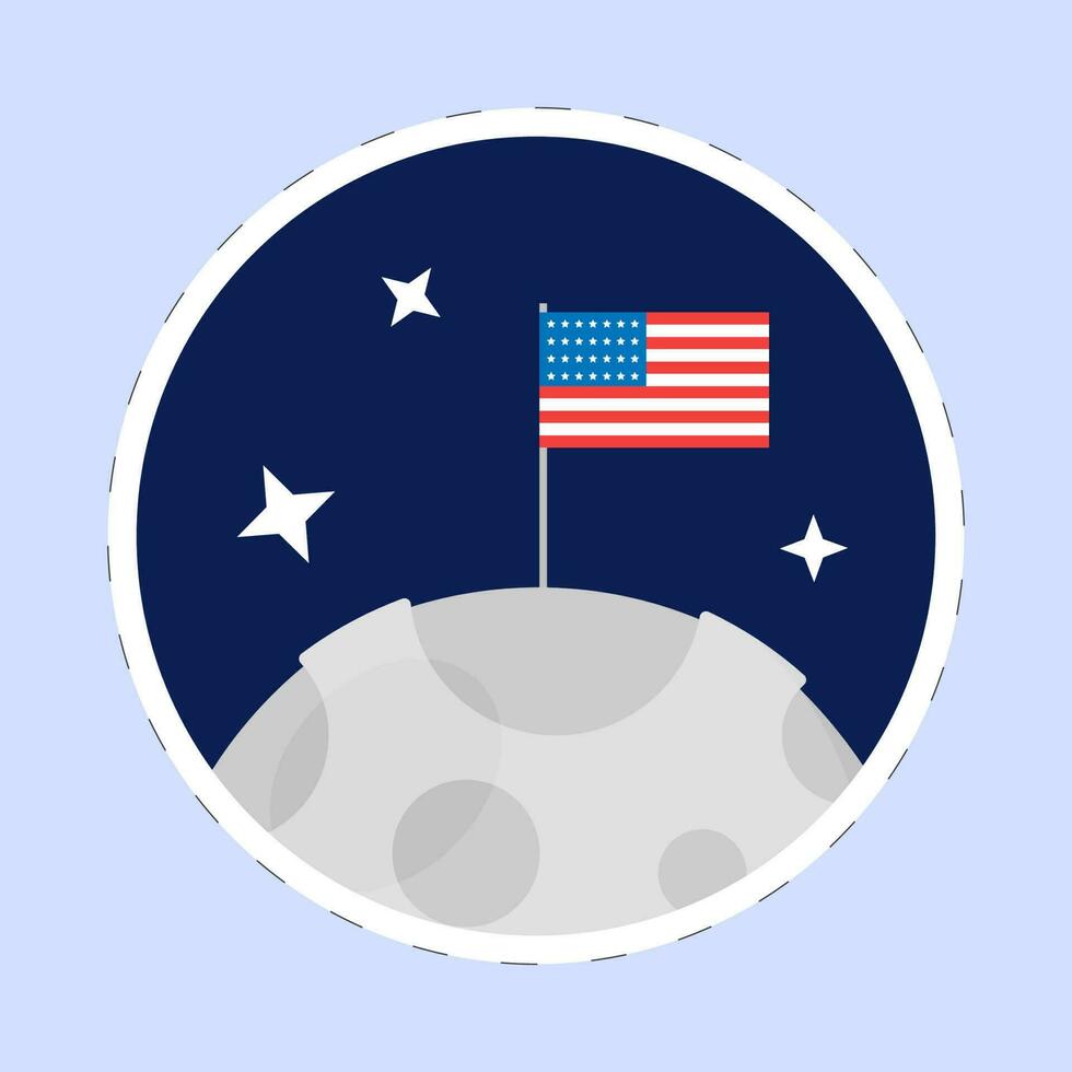 Isolated America Flag In Moon Planet Blue Background In Sticker Style. vector