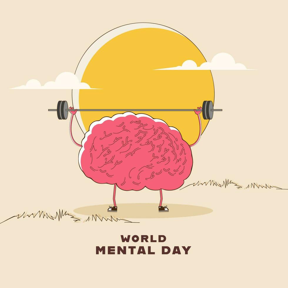 World Mental Day Concept With Brain Lifting Dumbbell On Sun Beige Background. vector