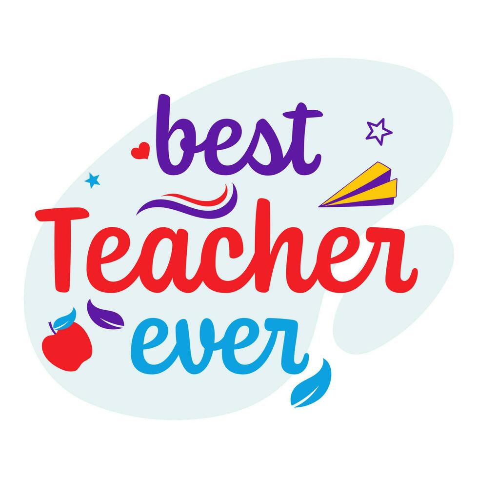 mejor profesor nunca fuente con manzana, estrellas, papel avión en azul y blanco antecedentes. vector