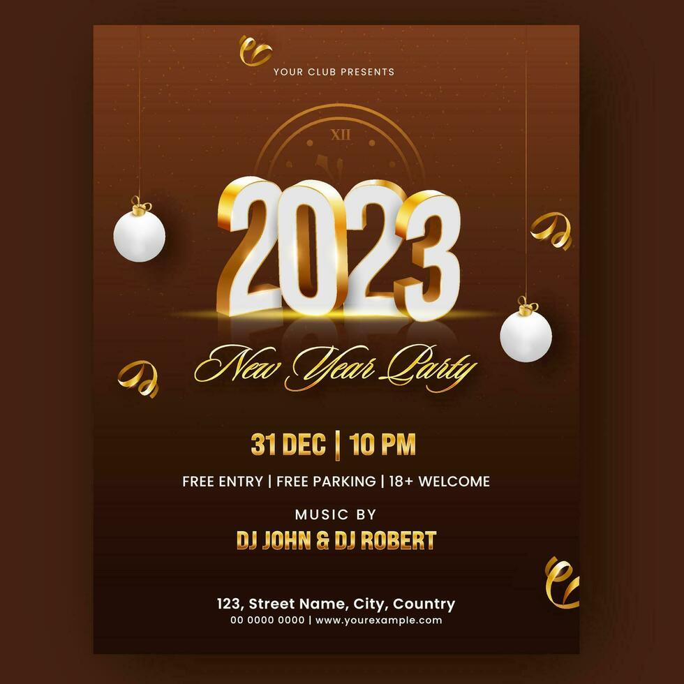 2023 New Year Party Flyer Design With Baubles, Golden Curl Ribbons And Event Details. vector