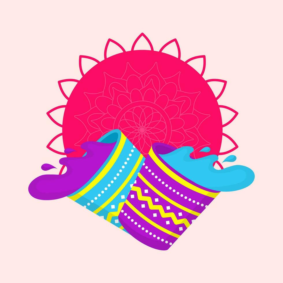 Splashing Water Color Bucket With Blank Mandala Frame On Pink Background. vector