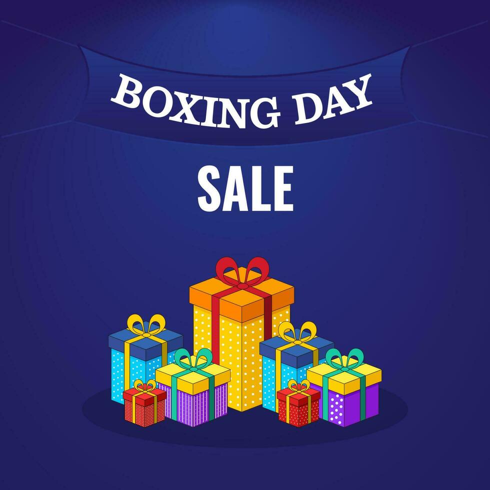 boxeo día rebaja póster diseño con vistoso realista regalo cajas en azul antecedentes. vector