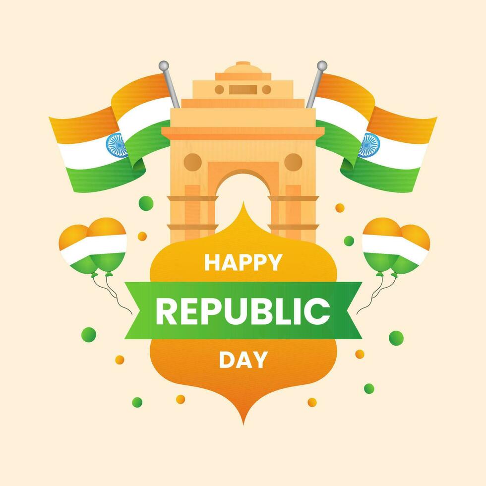 Happy Republic Day Font With Indian Gate, Flags And Tricolor Balloons Decorated Peach Background For National Festival Celebration Concept. vector