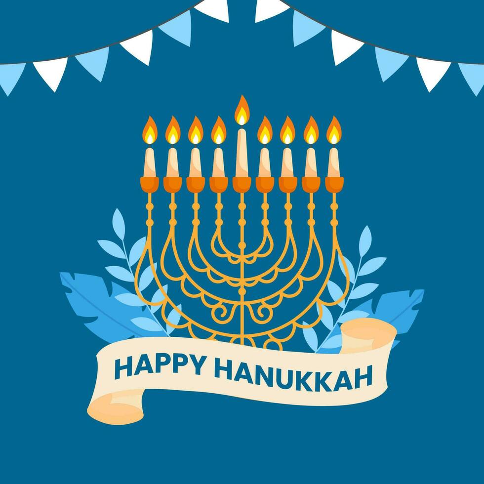 Happy Hanukkah Celebration Greeting Card With Illuminated Candelabra, Leaves And Bunting Flags On Blue Background. vector