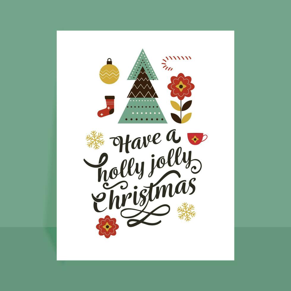 tener un acebo alegre Navidad texto con vector Navidad árbol, chuchería, flores, copos de nieve, taza, caramelo caña y lana calcetín en blanco antecedentes.