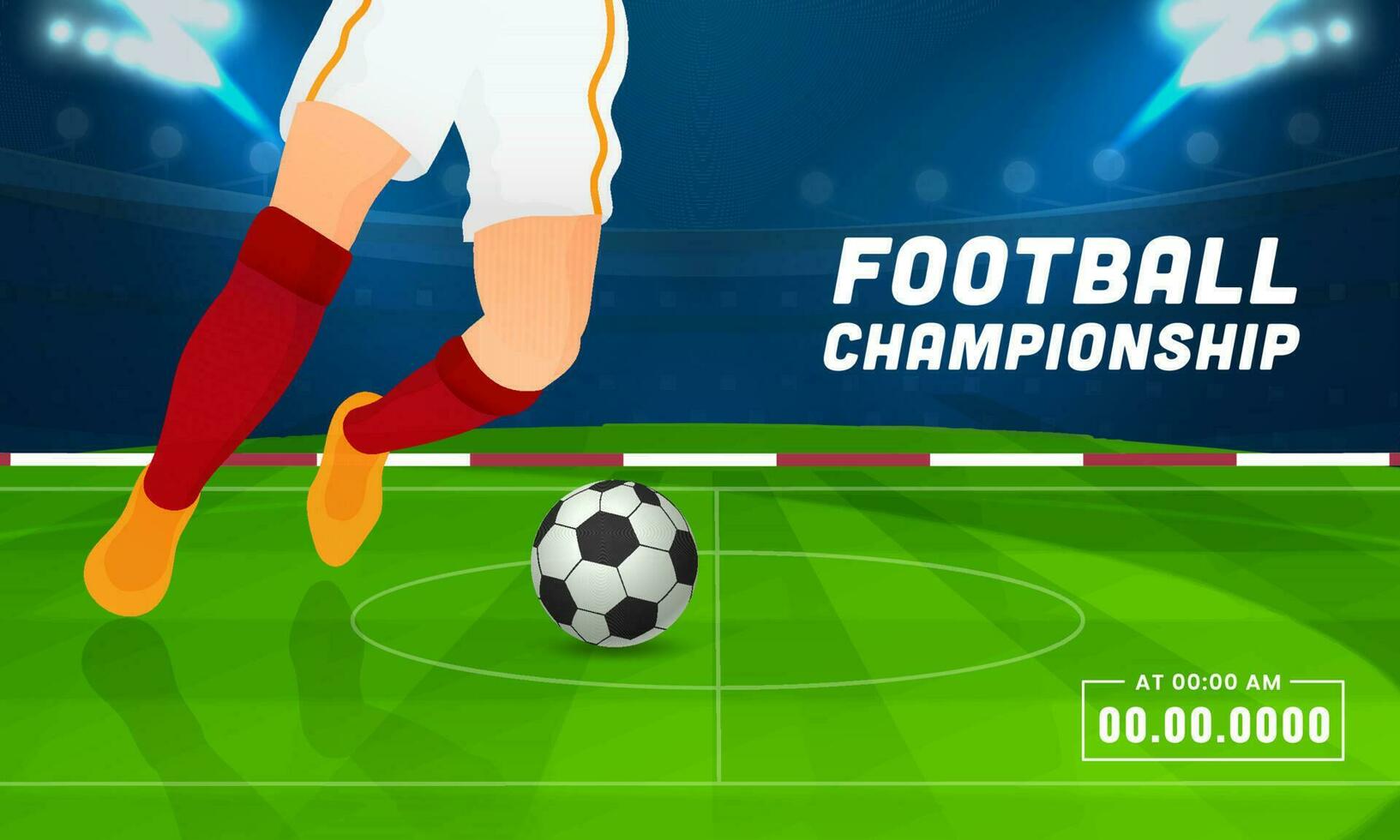 Football Championship Banner Design With Close Up Of Footballer Kicking Ball On Blue And Green Stadium Background. vector