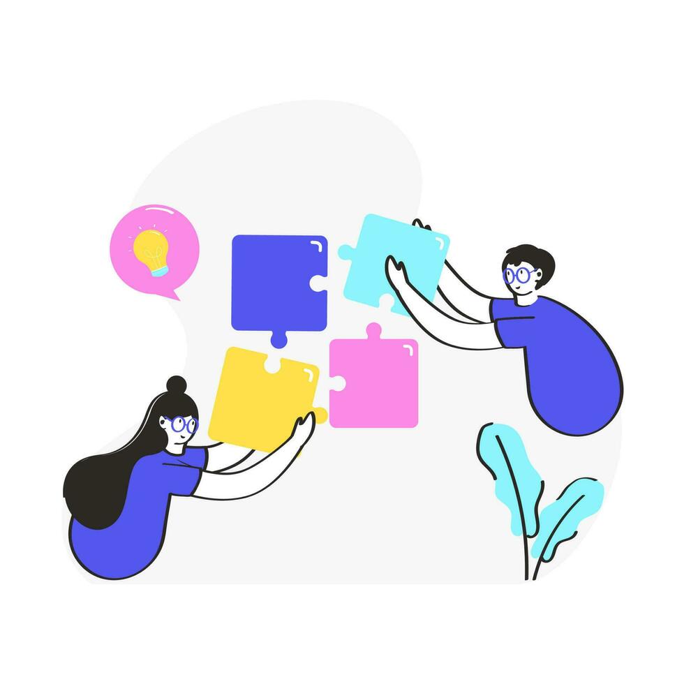 Vector Illustration Of Official Employees Connecting Jigsaw Puzzles On White Background.