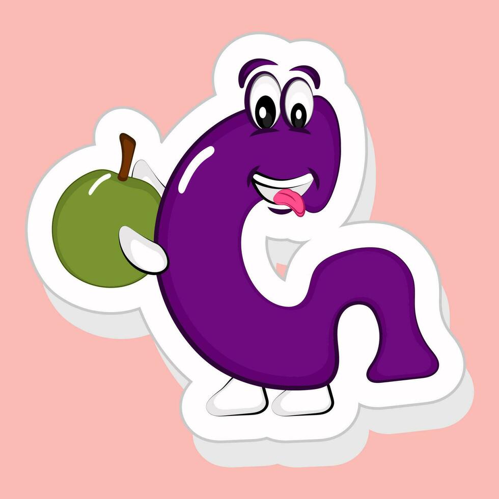 Sticker Style Purple G Alphabet Cartoon Character Green Apple On Pink Background. vector