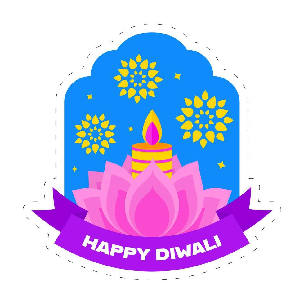 Happy Diwali Celebration Concept With Lotus Flower, Lit Candle, Mandala Or Flowers On Blue And White Background. vector