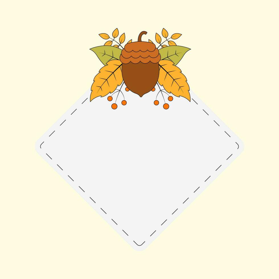 Flat Acorns With Berry, Autumn Leaves Decorative Rhombus Frame On Cosmic Latte Background. vector