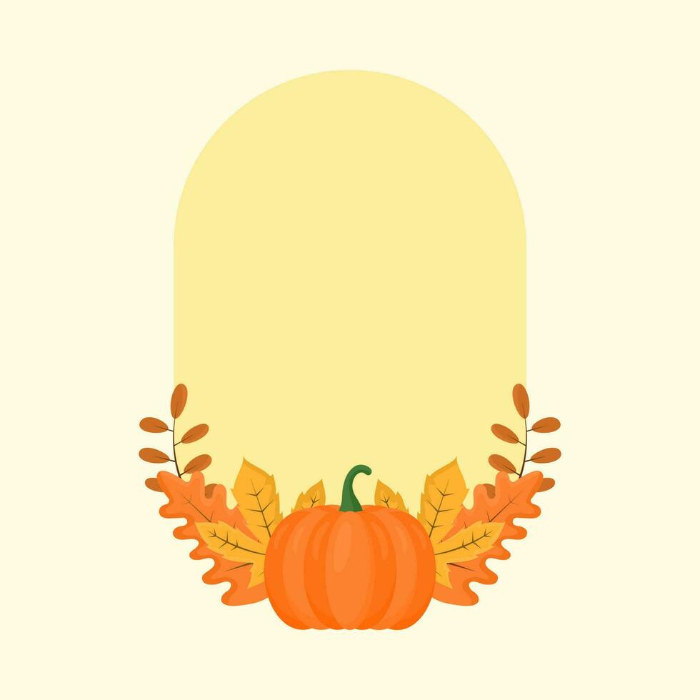 Isolated Pumpkin With Autumn Leaves Decorative Oval Yellow Frame And Copy Space. vector