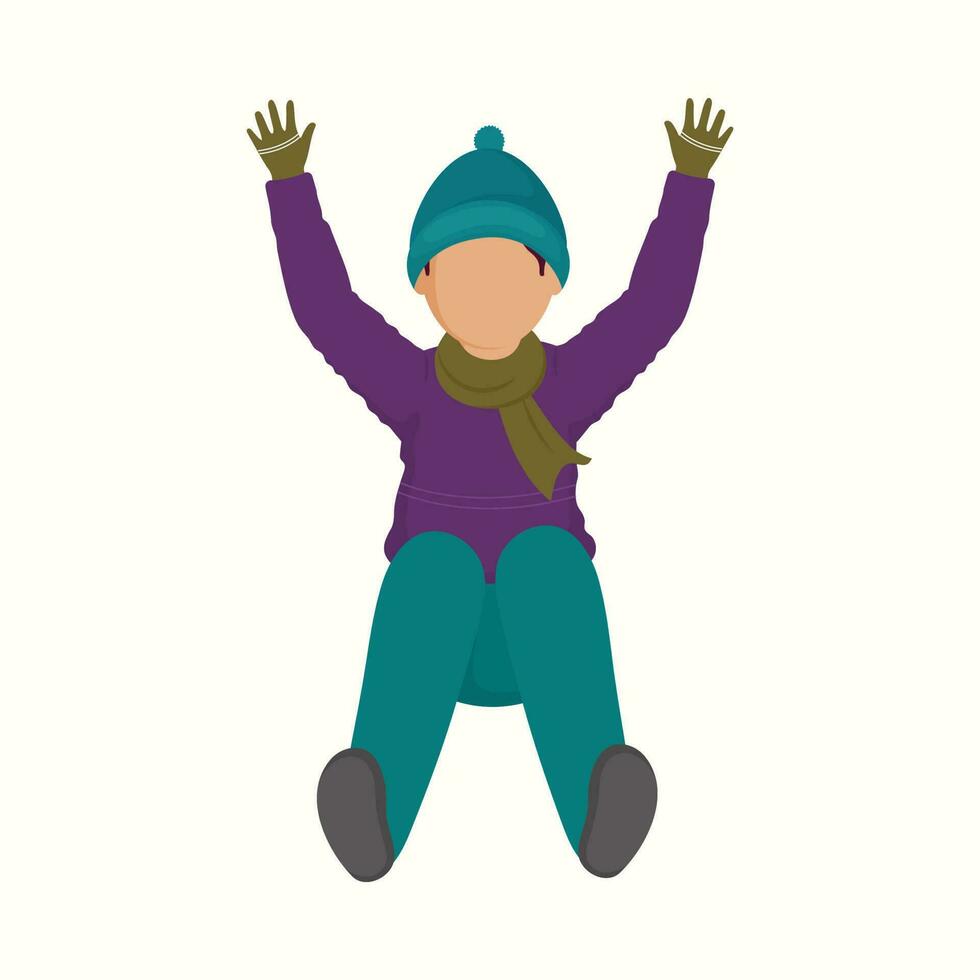 Faceless Young Boy Wearing Woolen Clothes With Raised Hands Up On White Background. vector
