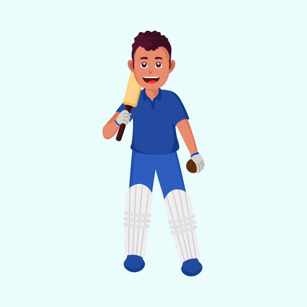 Portrait Of Cricket Batsman Holding Bat And Ball Over Pastel Blue Background. vector