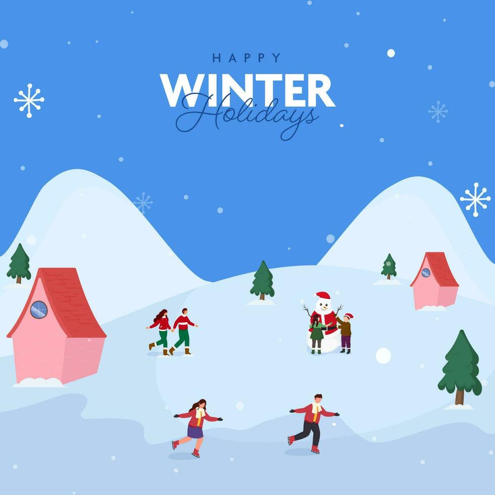 Happy Winter Holidays Poster Design With Xmas Tree, House And People Enjoying On Snowfall Blue Background. vector