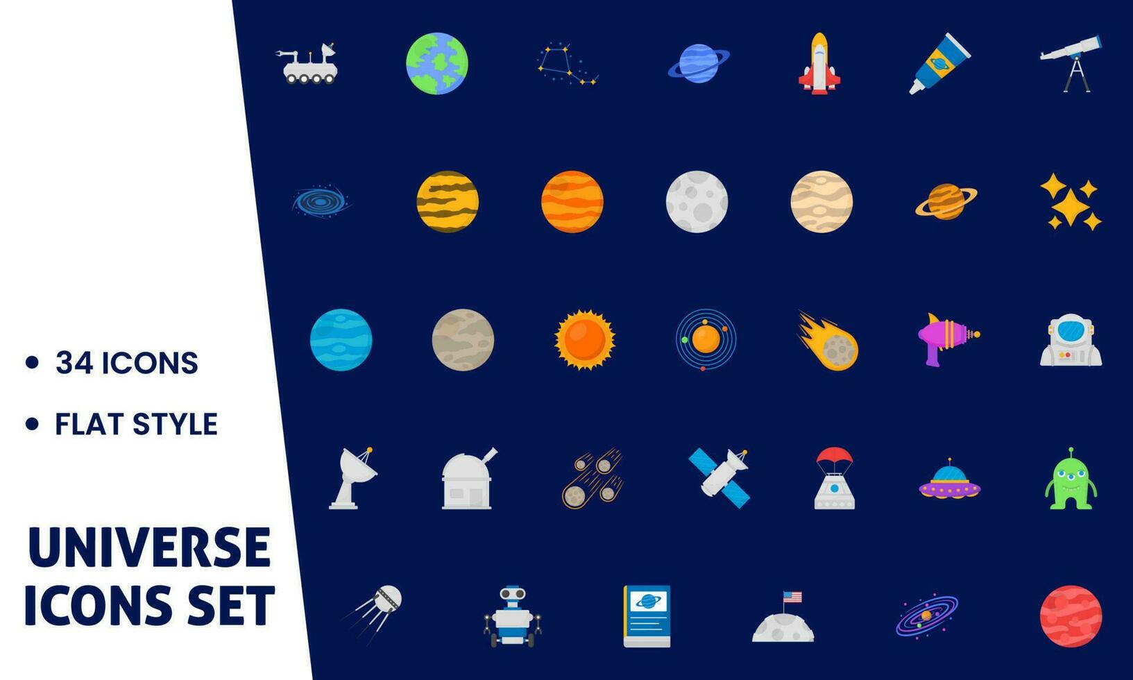 34 Flat Style Universe Icon Set In Blue And White Background. vector