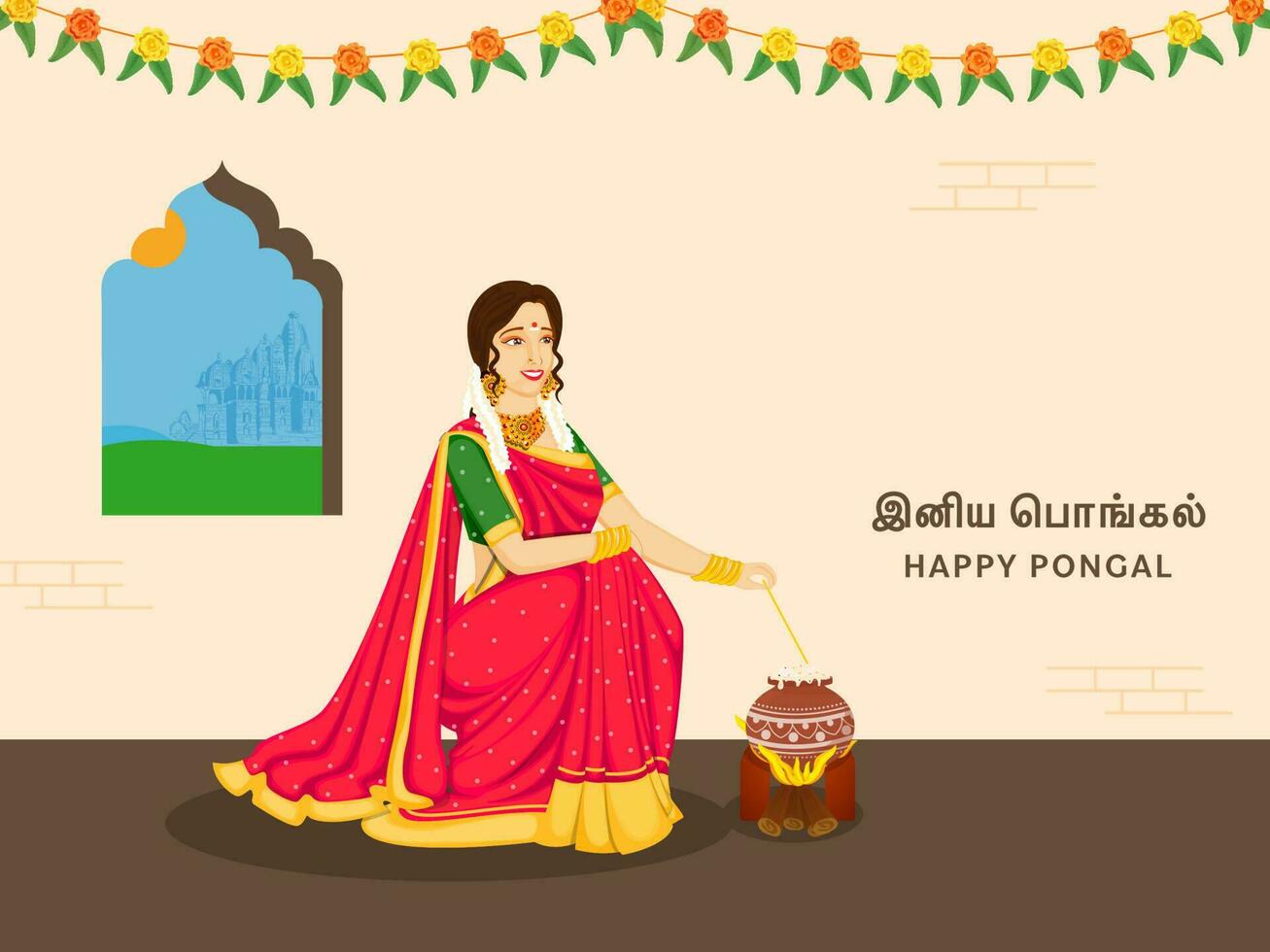 Tamil Lettering Of Happy Pongal With Beautiful South Indian Woman Stirring Rice In Mud Pot Over Firewood And Floral Garland On Brown Background. vector