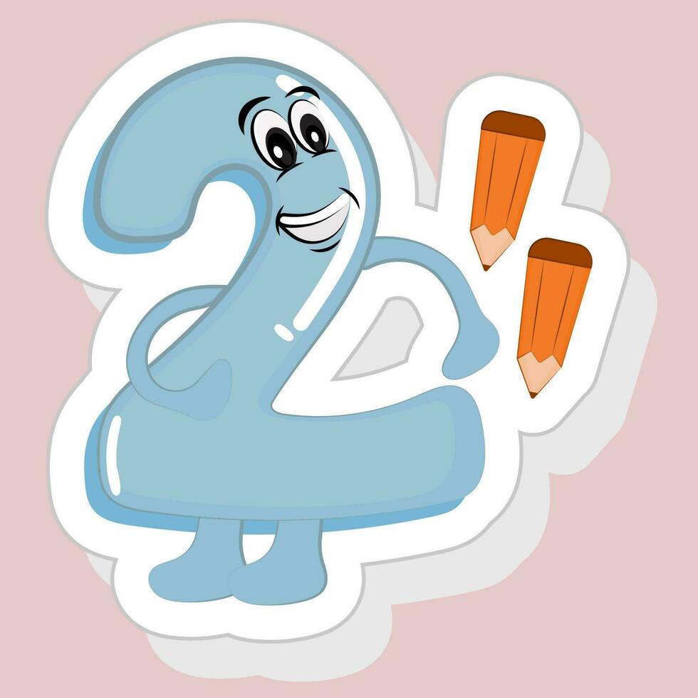 Sticker Style Funny Cartoon Number 2 With Pencils On Pink Background. vector