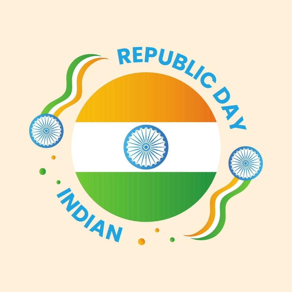 Indian Republic Day Celebration Concept With National Flag Circle With Ashoka Wheel With Wavy Tricolor Ribbon On Peach Background. vector