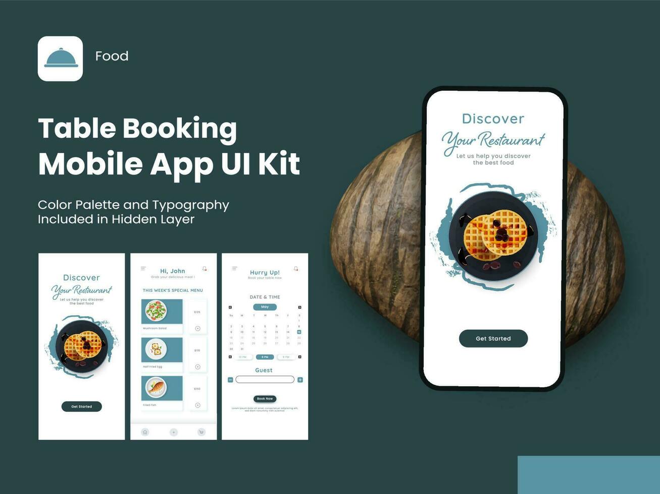 Table Booking Mobile App UI Kit Including As Sign In, Sign Up, Menu and Reserved Table Details For Responsive Website. vector