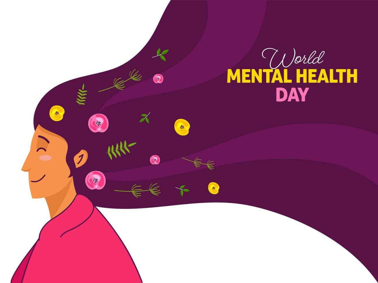 mundo mental salud día concepto, joven mujer con ondulado largo cabello, flores, hojas en púrpura y blanco antecedentes. vector