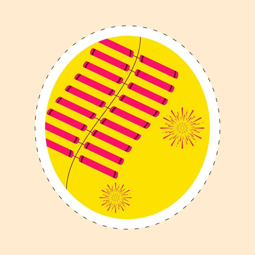 Circular Sticker Of Red Firecracker Strip With Fireworks Against Yellow Background. vector