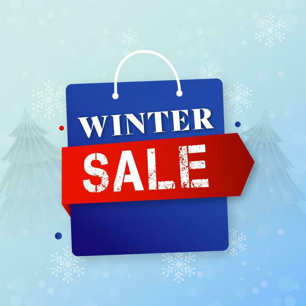 Winter Sale Poster Or Template Design With Shopping Bag, Snowflakes And Xmas Trees On Blue Bokeh Blur Background. vector