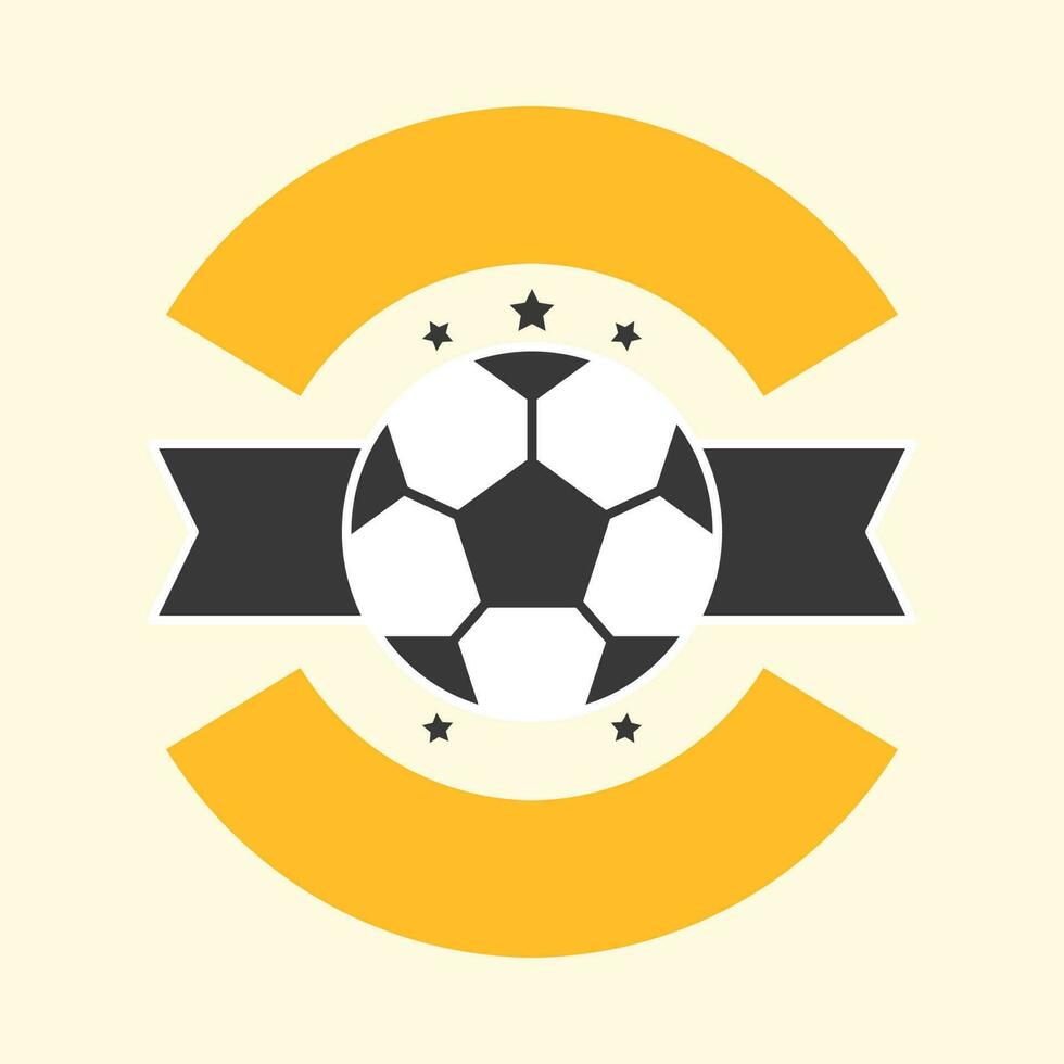 negro y blanco fútbol pelota con circulo cinta en amarillo antecedentes. vector