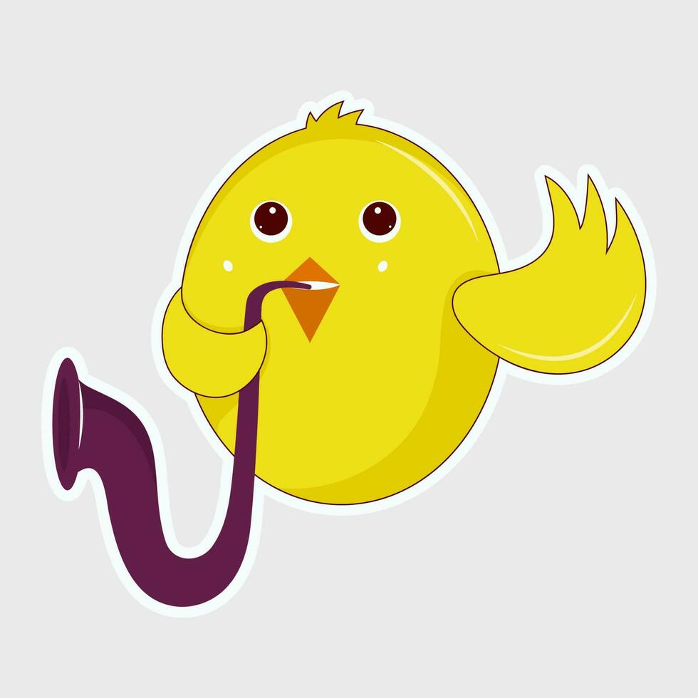 Sticker Style Funny Bird Blowing Saxophone Over Grey Background. vector