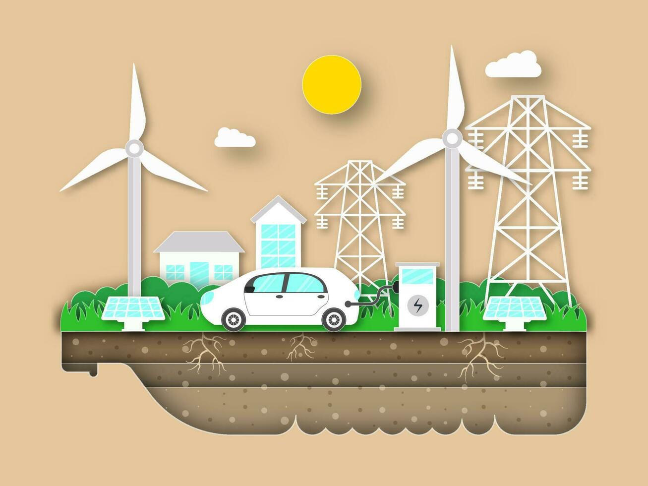 Paper Cut Eco City View With Car Charging Station, Windmills, Solar Panels, Buildings, Sun, Clouds, Transmission, Renewal Energy or Save Environment Concept. vector