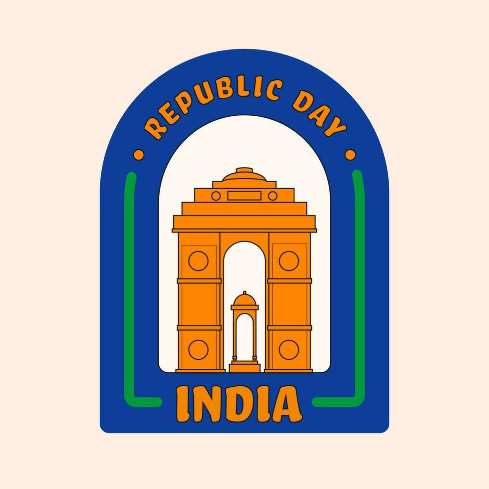 India república día fuente con pabellón detrás India portón en azul y pastel rosado antecedentes. vector