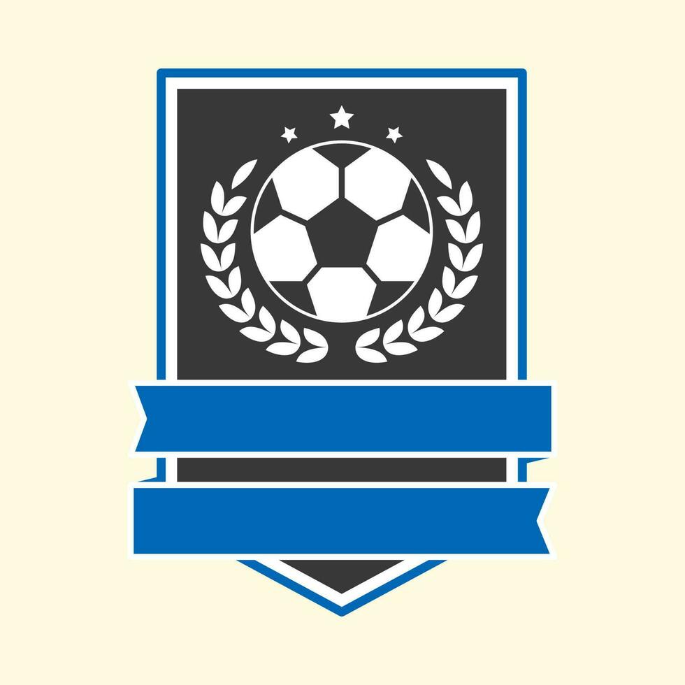 Blank Blue Ribbon Covering Shield With Laurel Leaves And Soccer Ball Against Cosmic Latte Background. vector