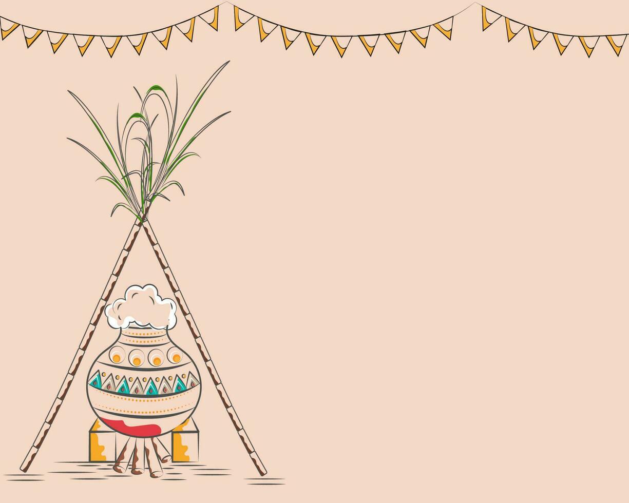 Doodle Style Rice Cooking At Firewood With Sugarcanes, Bunting Flags Decorated On Pastel Peach Background And Copy Space. vector