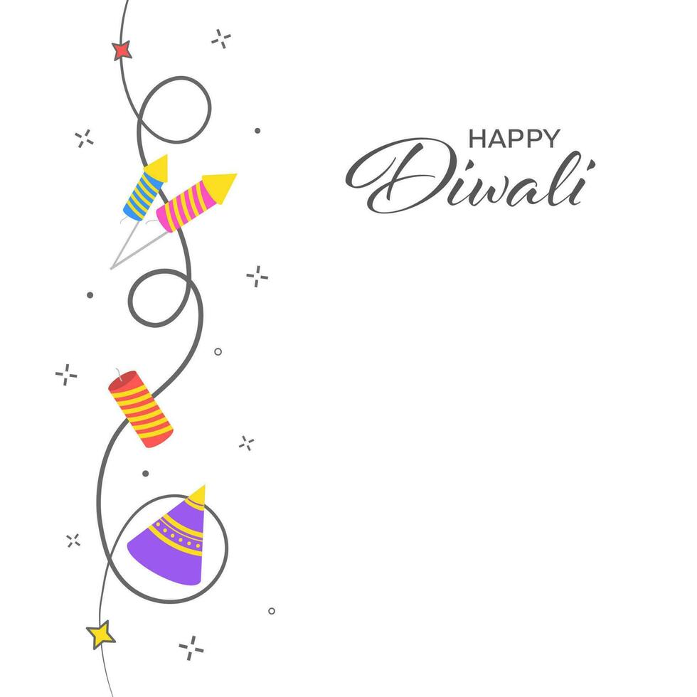 Happy Diwali Lettering With Firecrackers And Stars On White Background. vector
