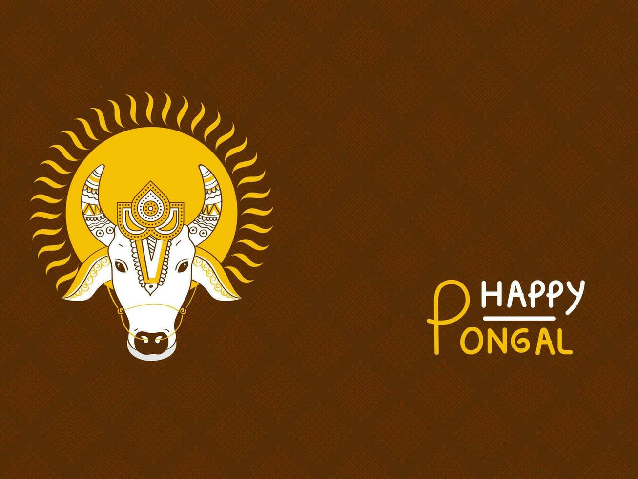 Happy Pongal Celebration Concept With Cow Face And Sun Illustration On Brown Criss Cross Kolam Pattern Background. vector