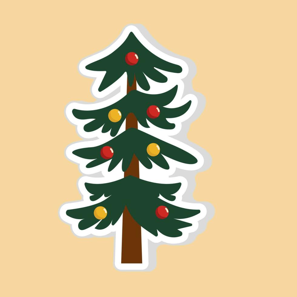 Isolated Cute Cartoon Style Christmas Tree With Decorated Bauble In Flat Style. vector