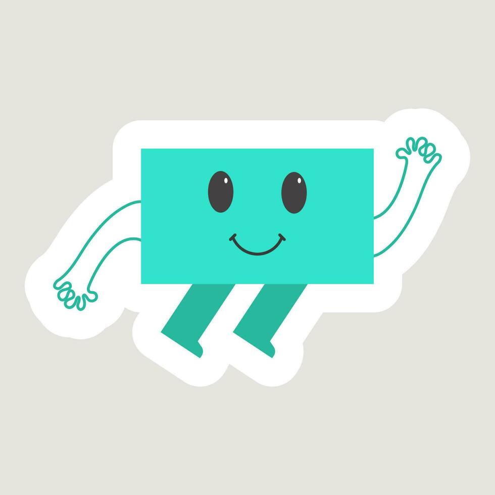 Turquoise Sticker Of Flying Rectangle Shape Cartoon Over Grey Background. vector