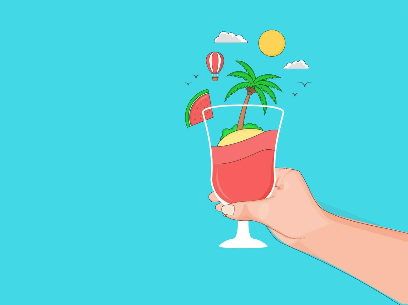 Cheers to summer drink, a concept with a beach background, shiny sun, palm tree, hot air balloon and watermelon. Flat style illustration for summer holidays or travel concepts. vector