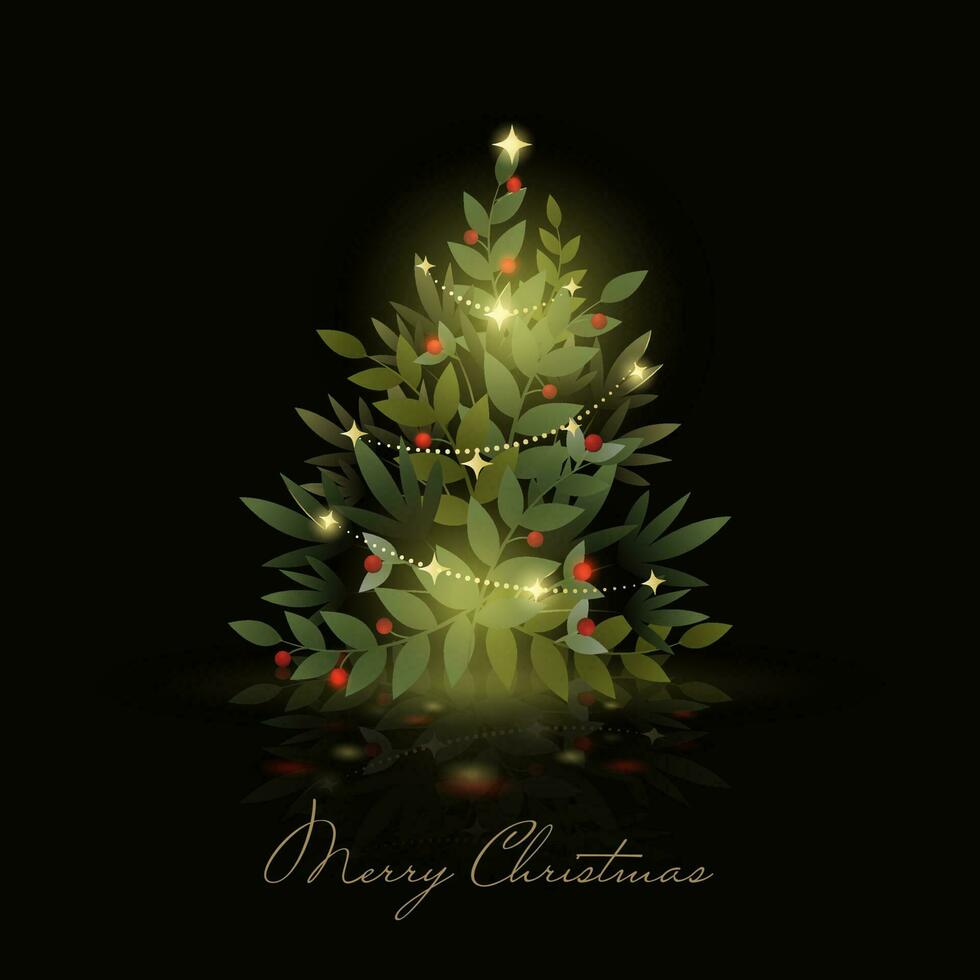 Merry Christmas Celebration Concept With Xmas Tree Made By Berry Branches And Lighting On Black Background. vector