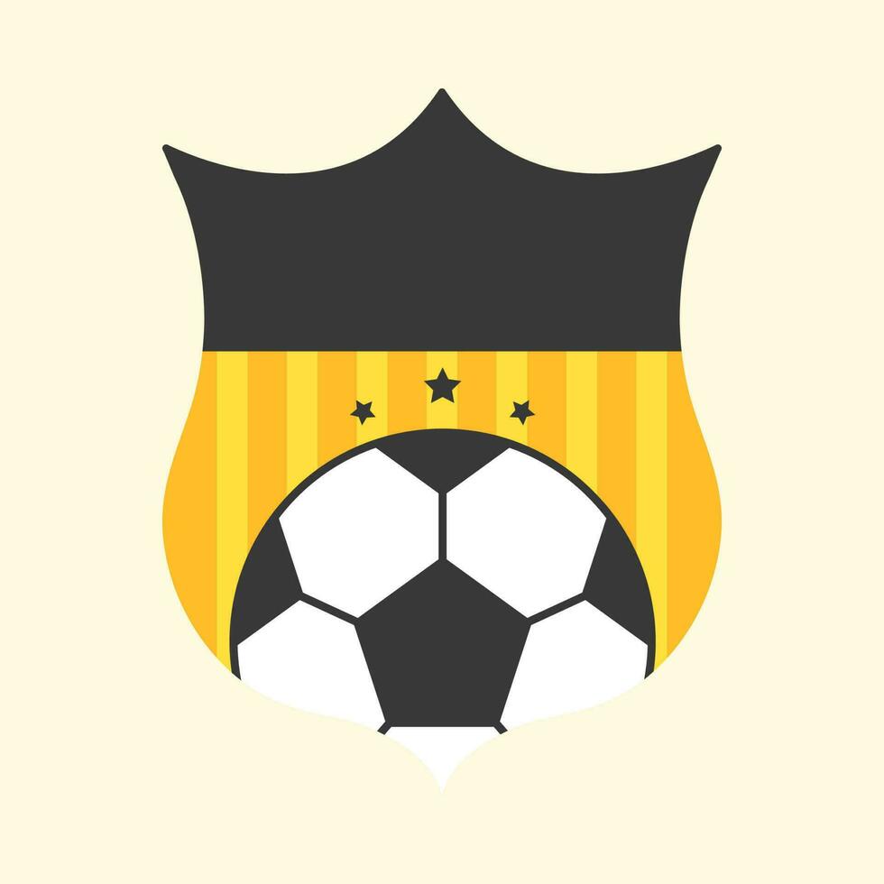 Three Stars With Soccer Ball Against Yellow And Black Shield Background. vector