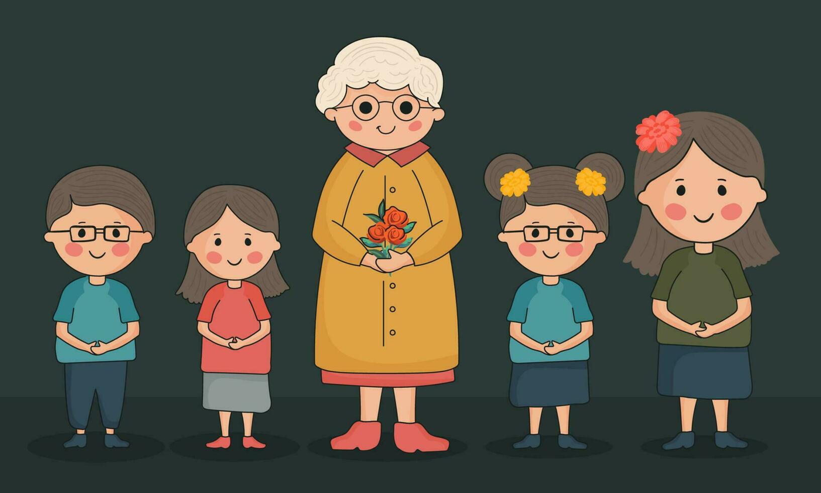 Elderly Woman Holding Roses And Children Character Standing Together On Dark Background. vector
