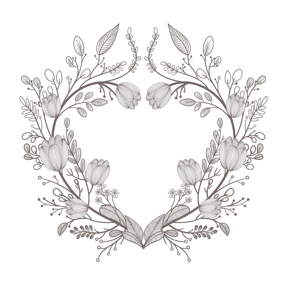 Hand Drawn Wreath or Floral Frame In Heart Shape. Illustration. vector