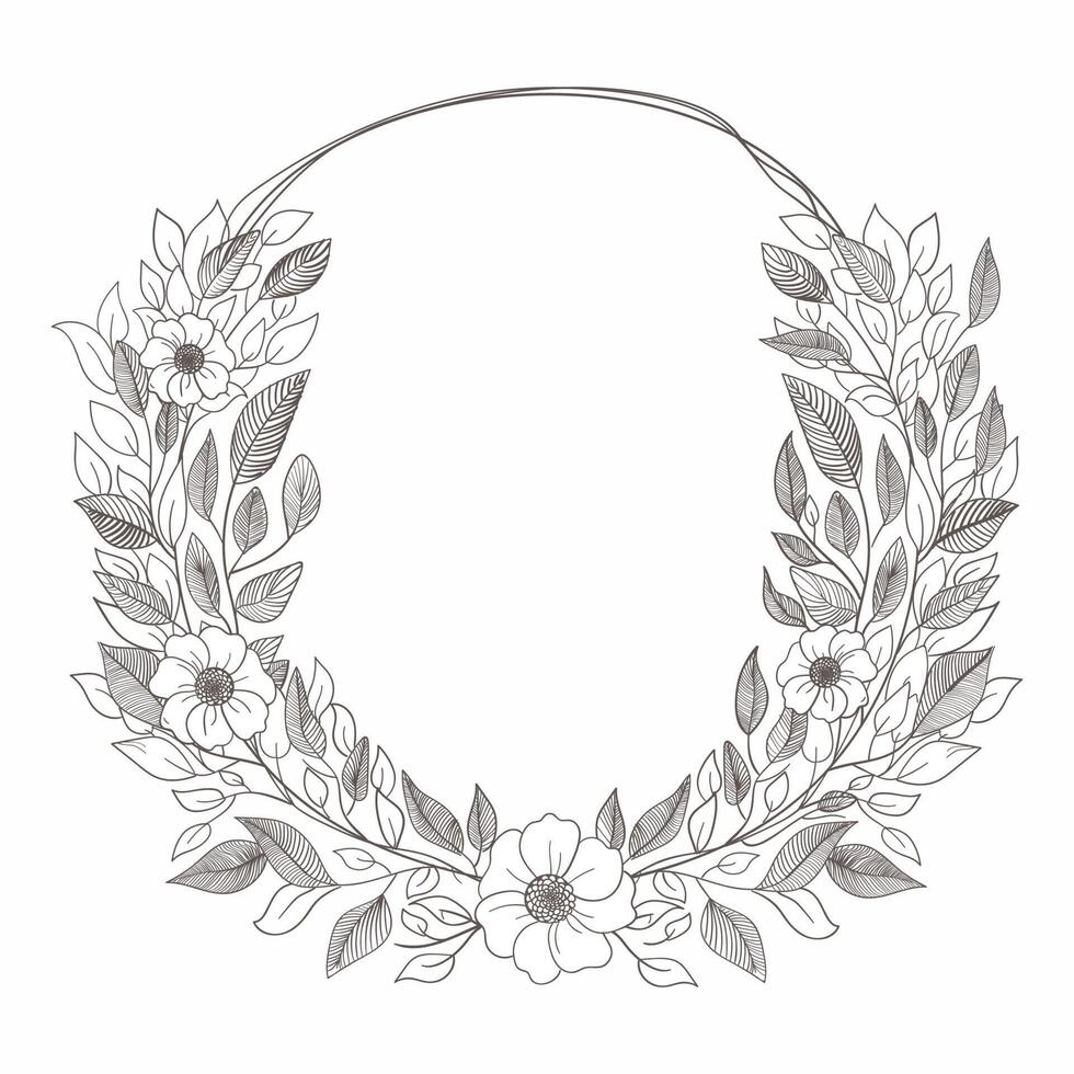 Hand Drawn Wreath or Floral Frame In Circular Shape. Illustration. vector