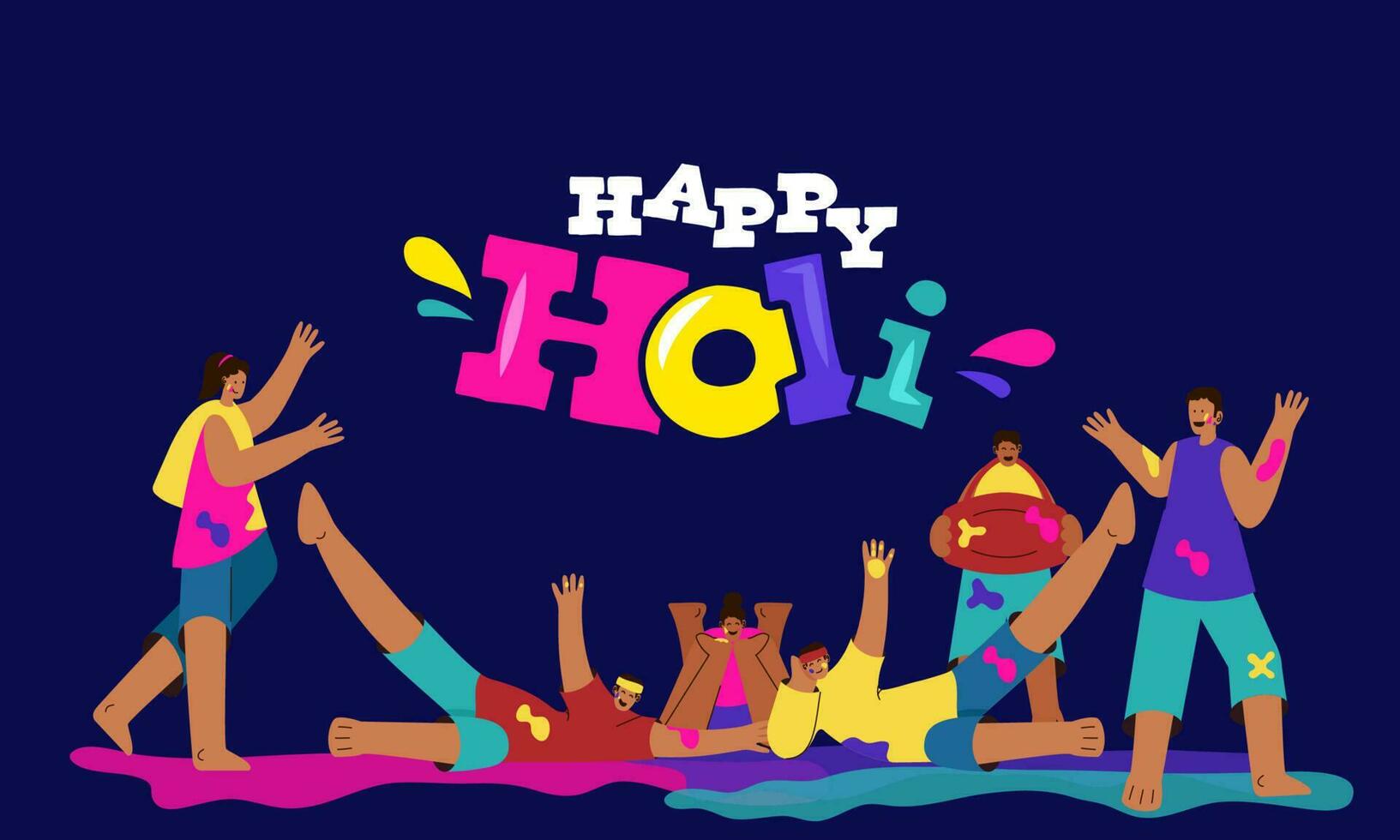 Portrait Of Indian People Playing With Colors On Blue Background For Happy Holi Celebration Concept. vector
