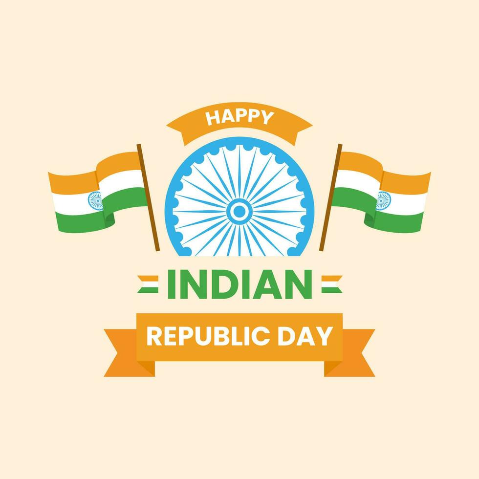 Happy Indian Republic Day Font Text With Ashoka Wheel And Flags Against Peach Background For India National Festival Celebration Concept. vector