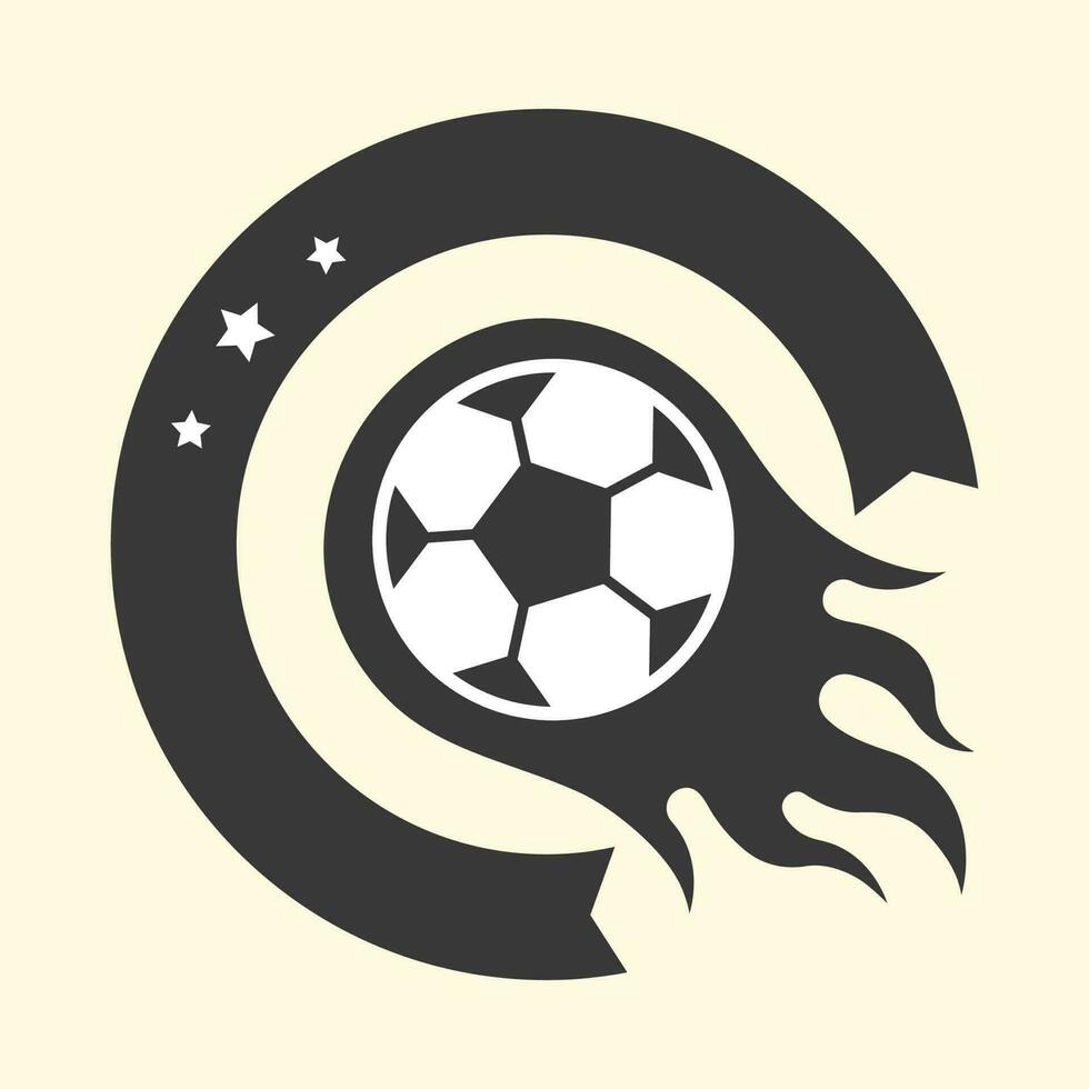 Black And White Firing Soccer Ball With Half Circle Ribbon On Cosmic Latte Background. vector