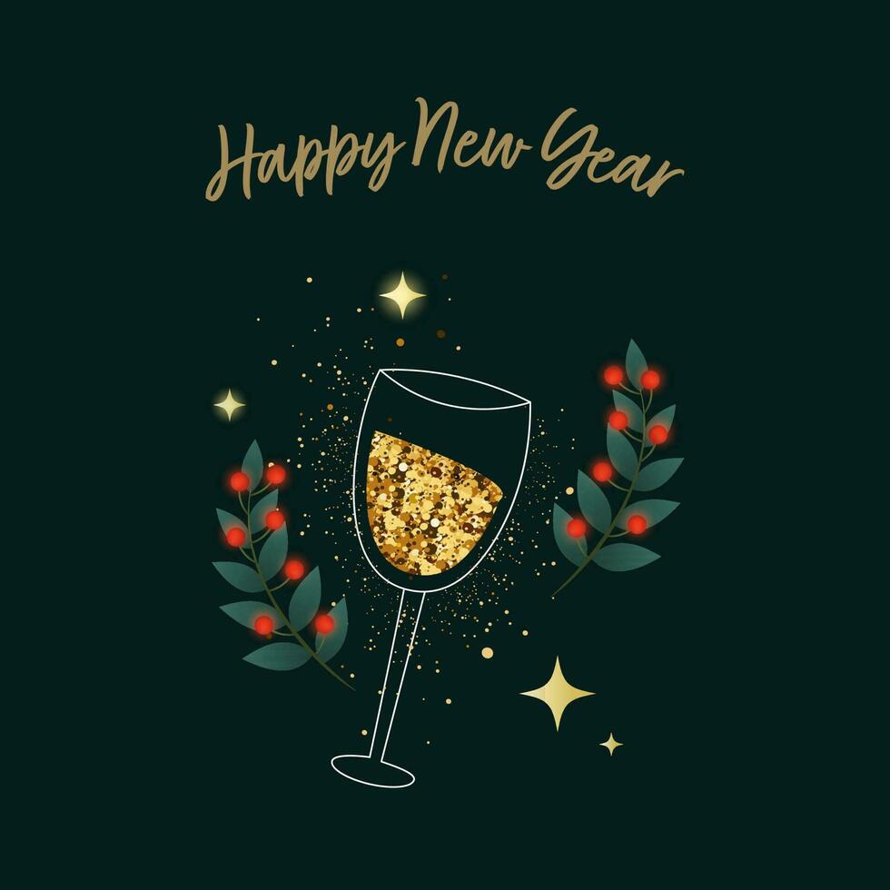 Happy New Year Celebration Concept With Glitter Effect Wine Glass And Berry Stem On Teal Green Background. vector