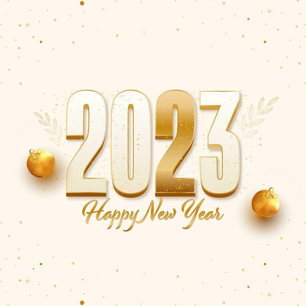 2023 Happy New Year Font With 3D Golden Baubles On Beige Background. vector