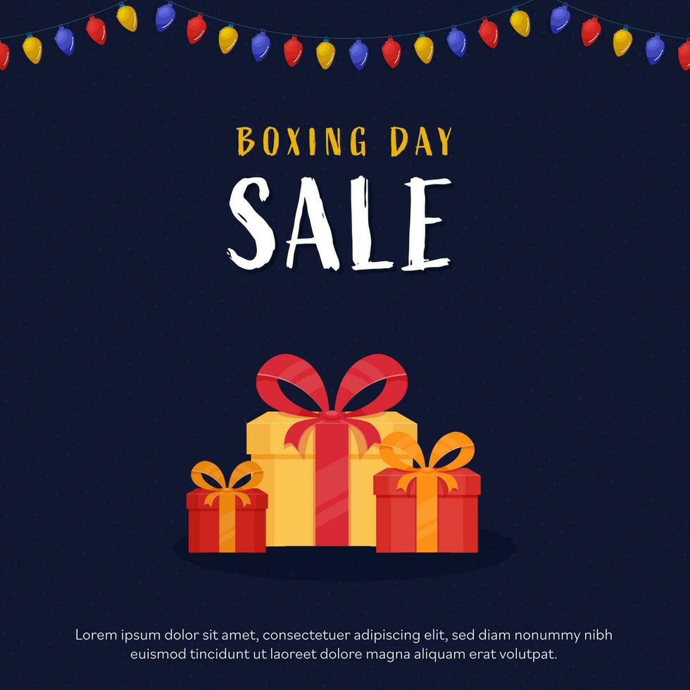 Boxing Day Sale Poster Design With Gift Boxes And Lighting Garland Decorated On Blue Dotted Stripe Pattern Background. vector