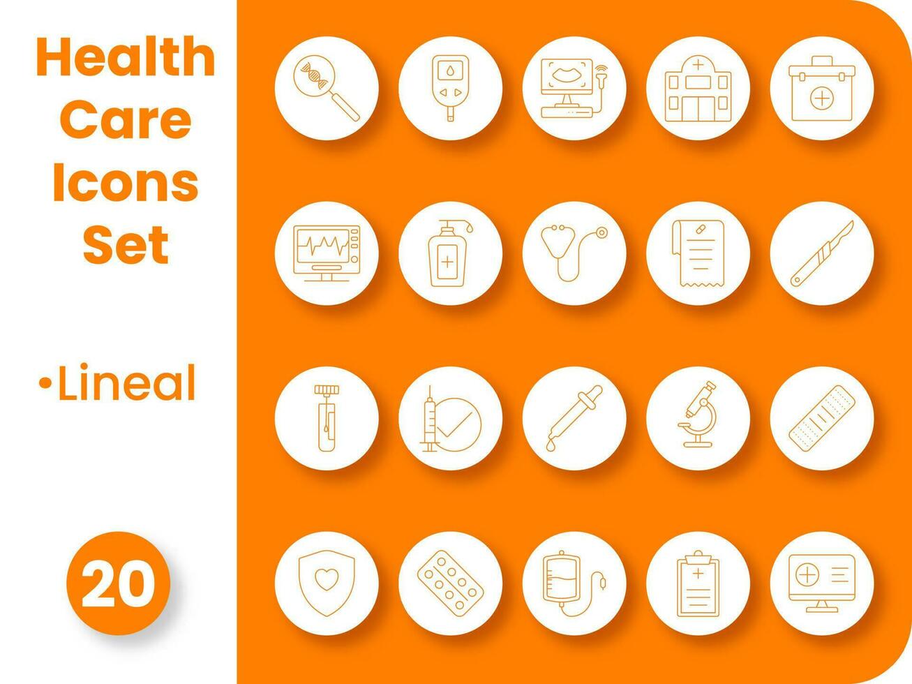 Orange Linear Healthcare Icon Set On White And Orange Circle Background. vector