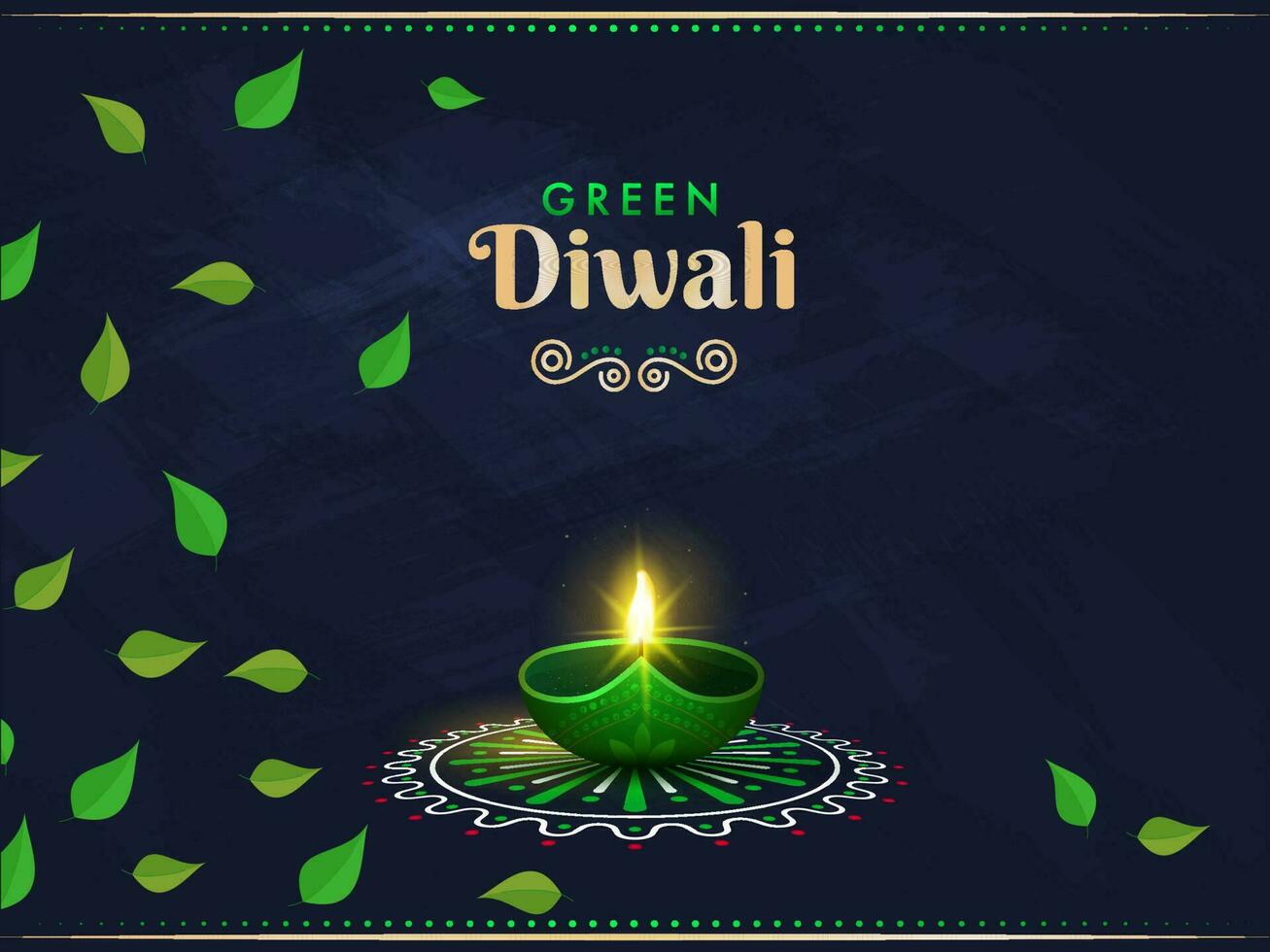 Green Diwali Concept With Illuminated Oil Lamp Over Rangoli And Leaves Decorated On Blue Texture Background. vector